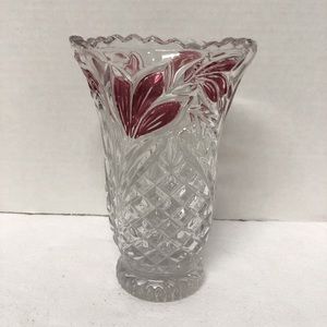 Vintage Lead Crystal Vase Anna Hutte Rose Leaves Design Bleikristall Germany 6”